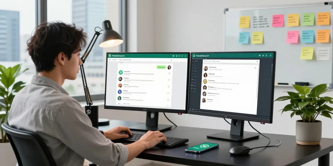 Dynamic workspace showcasing WhatsApp電腦版 messaging interface on dual monitors, promoting productivity and communication.