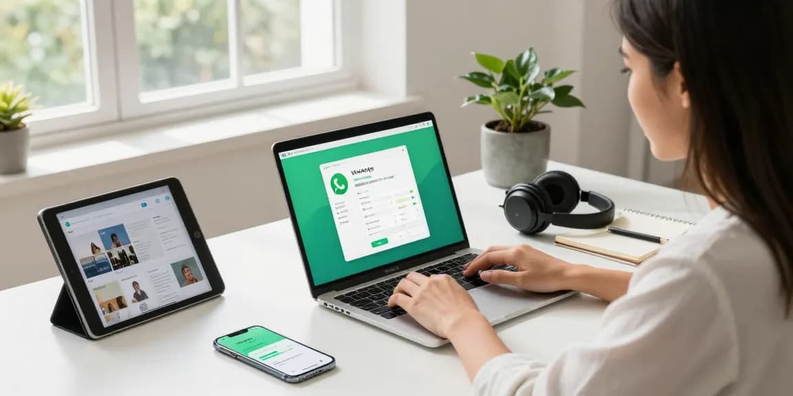 Remote working woman using WhatsApp電腦版 on a laptop in a stylish home office