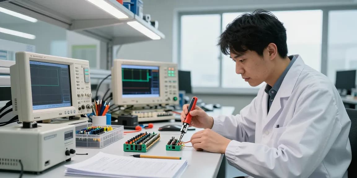 Engineer using wire crimp connectors and tools in a modern electronics lab setting.