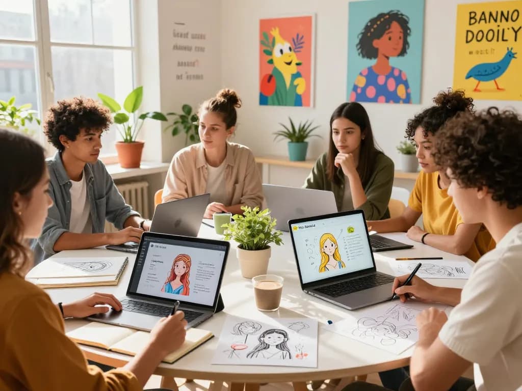Creative team collaborating using nano banana 2 in a vibrant studio.