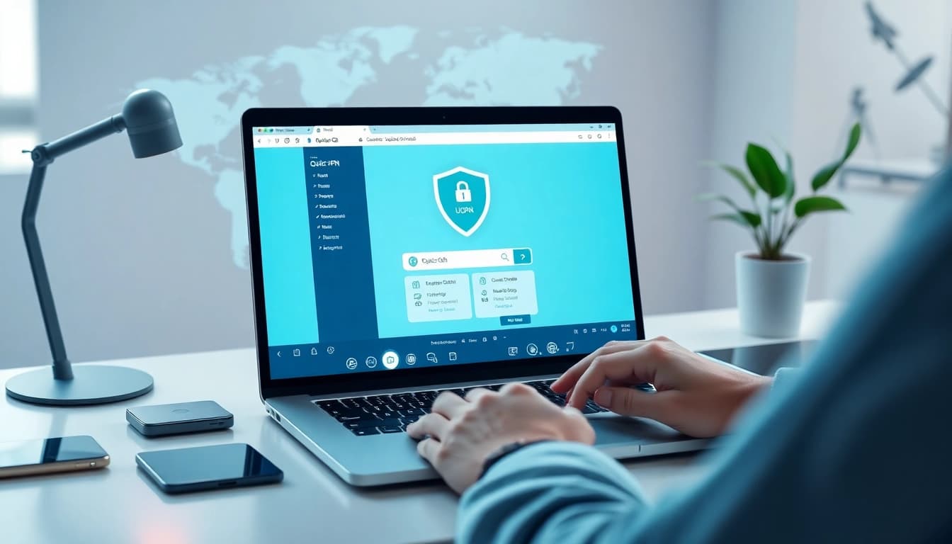 现代工作区中笔记本电脑上的 QuickQ官网 VPN 界面，显示全球连接元素。