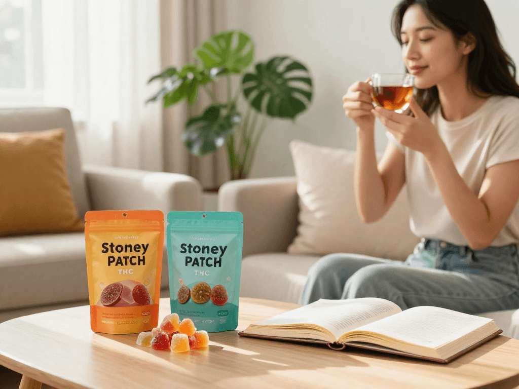 Stoney Patch review 500mg with THC gummies amid a peaceful wellness routine, showcasing organic quality and natural benefits.