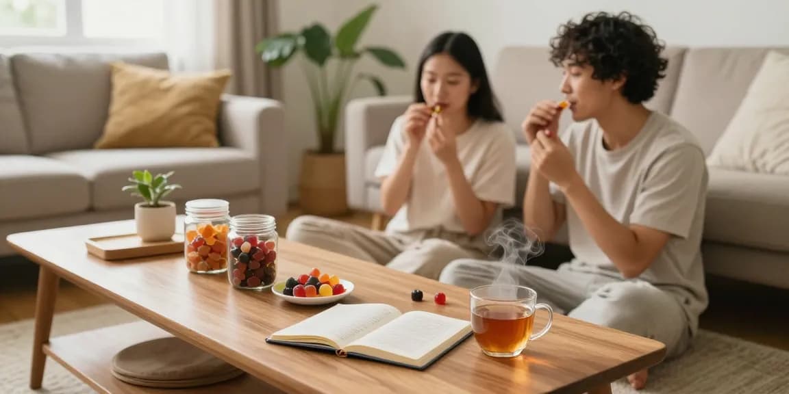 Edibles weed experience: Couple sharing CBD gummies in a cozy wellness-centered living room, promoting relaxation.
