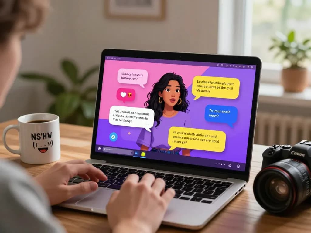 NSFW AI chat scene showing engaging conversations on a laptop in a cozy home setting.
