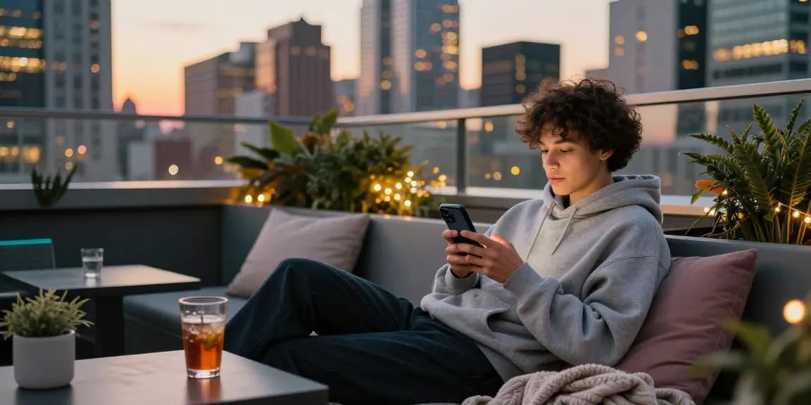 Motchill lifestyle scene with a young adult relaxing on a rooftop terrace enjoying city vibes.
