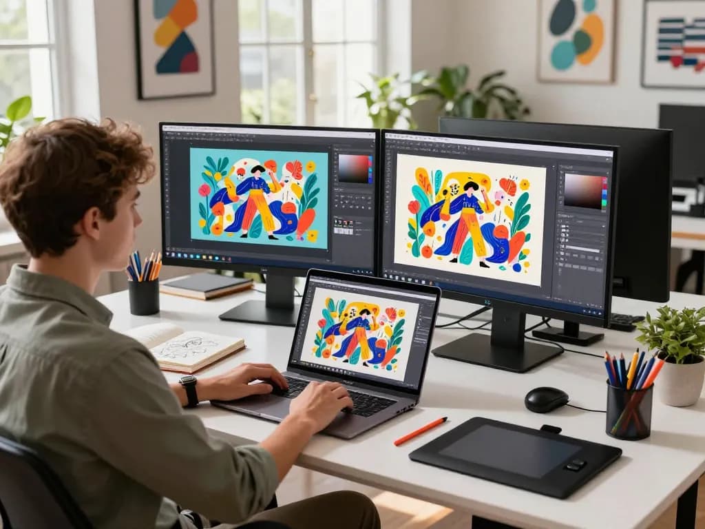 Graphic designer using nano banana 2 AI editor in a modern office full of vibrant illustrations and creative tools.