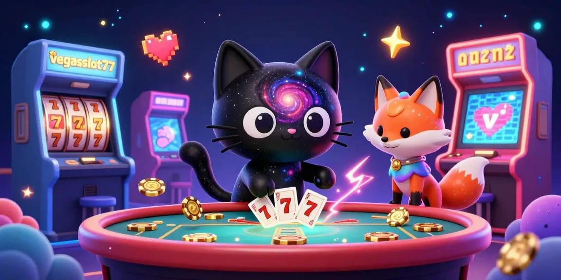Engage with vegasslot77's cosmic casino, featuring vibrant characters and thrilling gaming elements.
