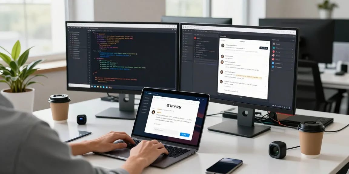 Exploring the features of 纸飞机中文版 in a modern tech workspace, showcasing app functionalities and coding.