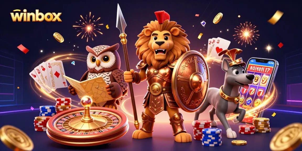 Winbox brings excitement with a 3D illustration of gaming characters amidst golden coins and glittering elements.
