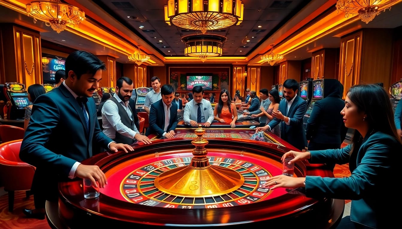 Khela88 Bangladesh players celebrate wins at a vibrant casino with roulette and poker.