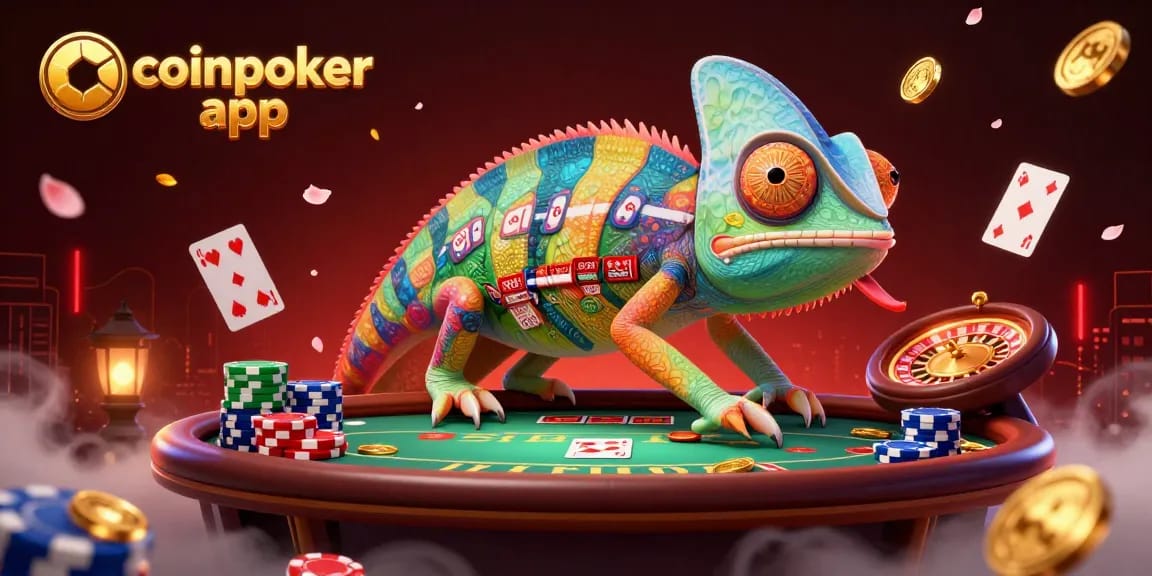 Gioca alla Coinpoker app e scopri il mondo del poker crittografico con il chameleone animato.
