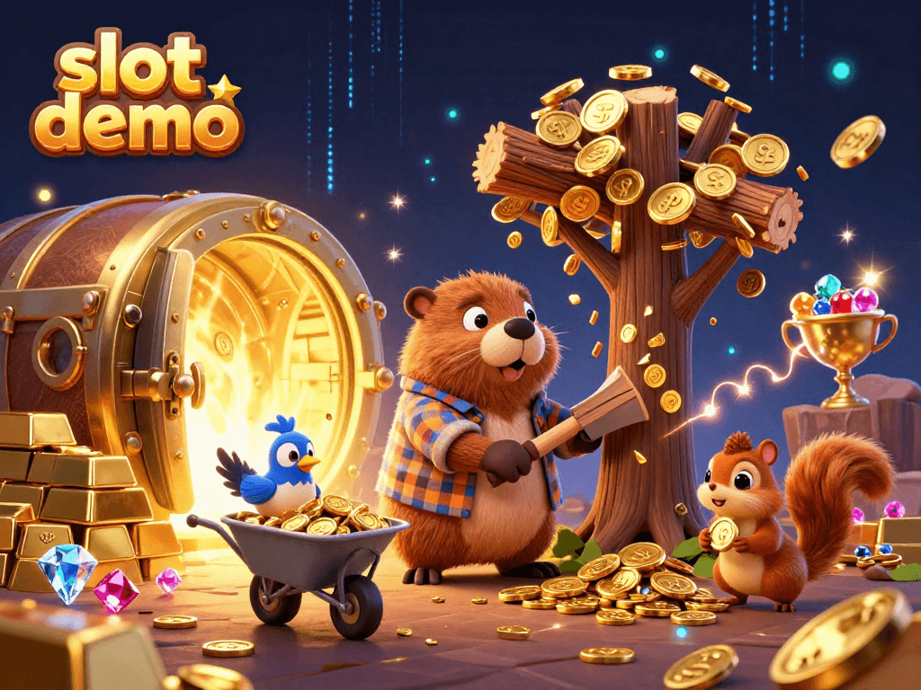Slot demo menampilkan beaver pemotong pohon emas dengan burung dan tupai, simbol keberuntungan judi.