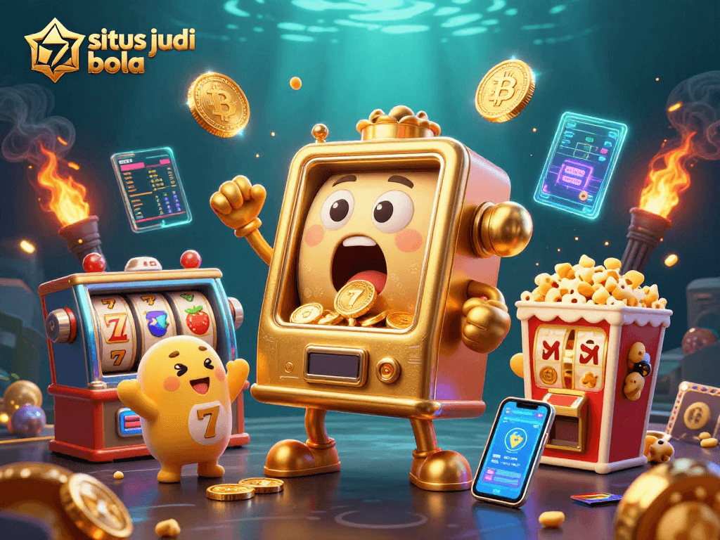 Experience thrilling wins at situs judi bola with a festive scene featuring a golden slot machine hitting its jackpot.