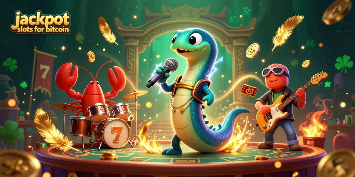 Engage with jackpot slots for bitcoin in a lively underwater casino scene featuring an electric eel DJ.