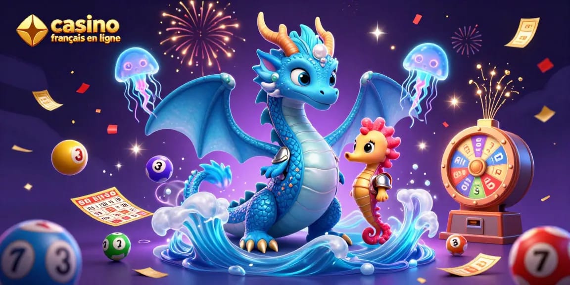 Jouez sur le casino français en ligne avec un dragon aquatique et des éléments de loterie animés.
