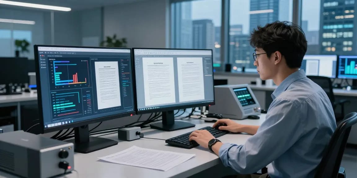 Verify PDFs with AI technology to detect pdf fraud, showcasing a data scientist in a high-tech lab.