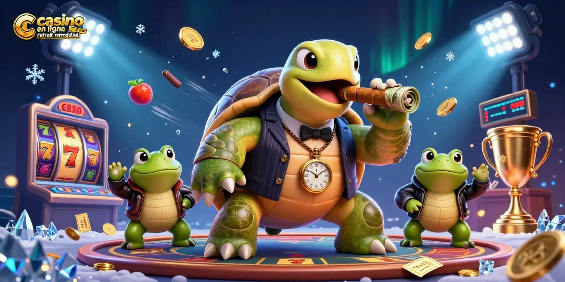 Gagnez gros avec le casino en ligne retrait immédiat, illustrant une tortue mobster entourée de symboles de machines à sous.