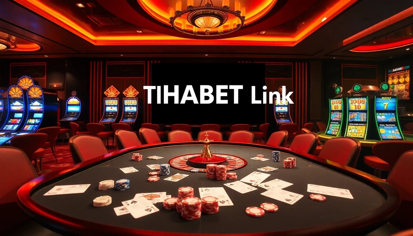 A captivating casino scene featuring THABET Link, with poker chips, roulette wheel, and vibrant slot machines.