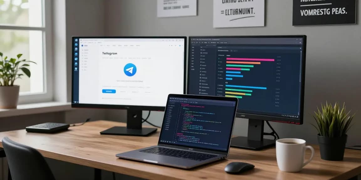 Modern tech workspace with developer using telegram中文版 on dual screens.