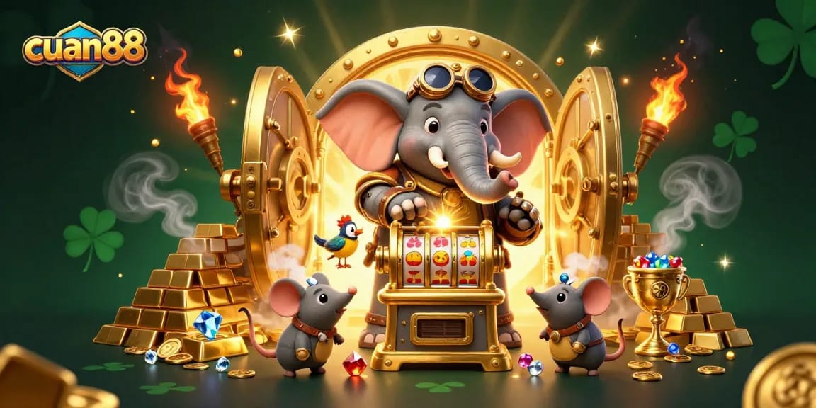 Menang besar di mesin slot CUAN88 dengan ratusan koin emas, berlian, dan efek cahaya berkilauan.