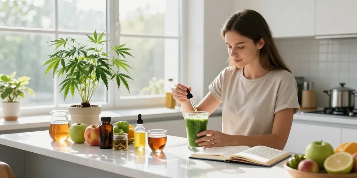 Experience wellness as you acheter chez Ministry of Cannabis, featuring CBD oil and organic ingredients in a bright kitchen.