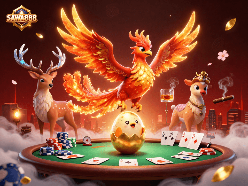 Engage with SAWA888 as the fire phoenix and mystical stag immerse players in a vibrant casino scene.