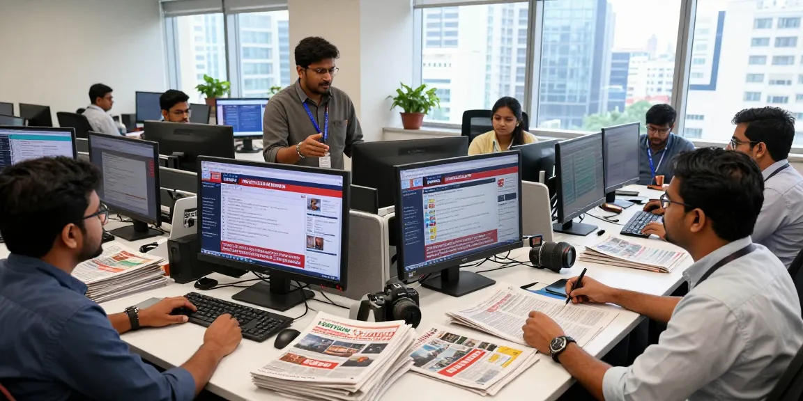 Newsroom scene with journalists focused on breaking updates at https://www.theindaily.com, showcasing India's latest stories.