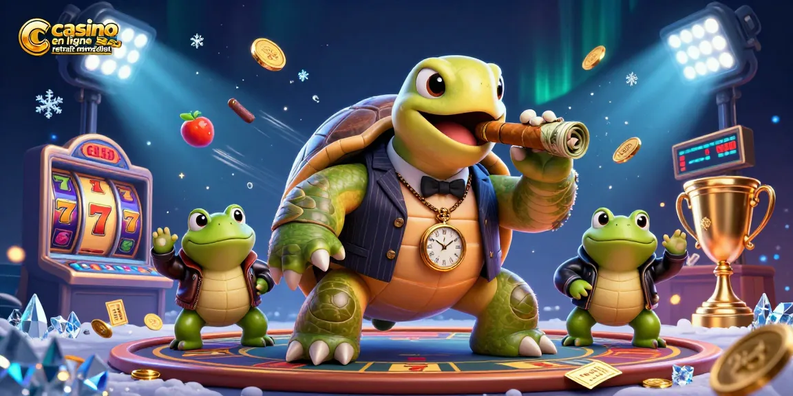 Gagnez gros avec le casino en ligne retrait immédiat, illustrant une tortue mobster entourée de symboles de machines à sous.