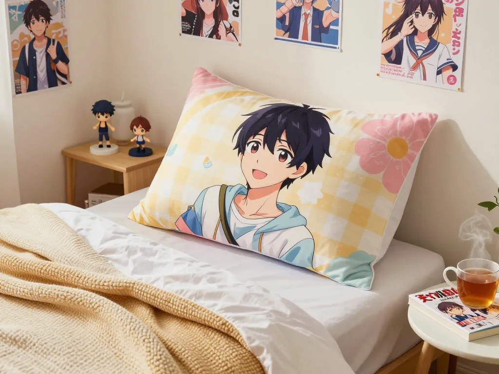 Cozy bedroom with custom dakimakura pillow featuring anime character, warm lighting, and anime decor.