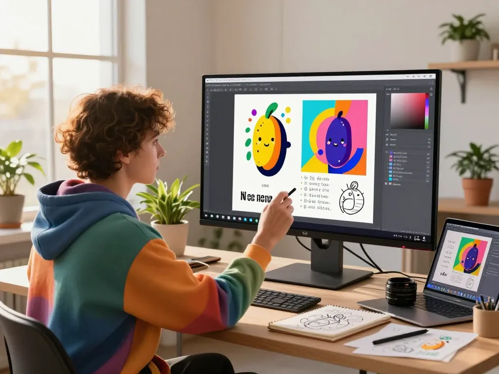 Digital artist using nano banana pro AI image editor in a modern studio.