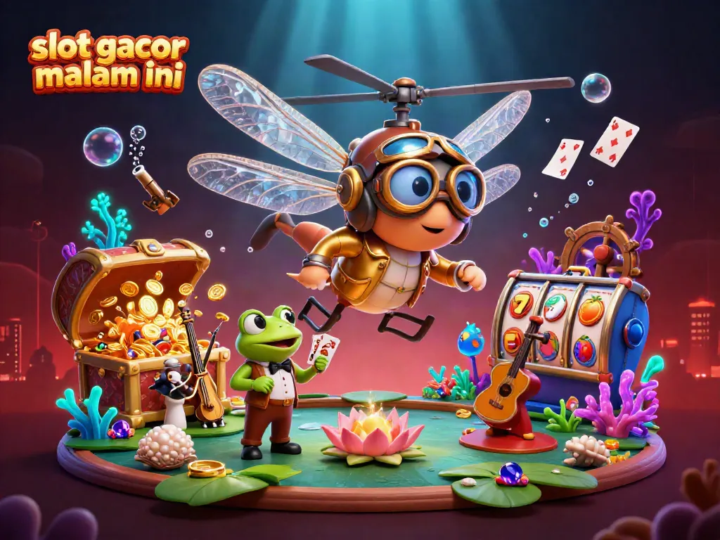Menghadirkan slot gacor malam ini, pilot helikopter capung kartun terbang di atas kasino pad lily dengan croupier katak.