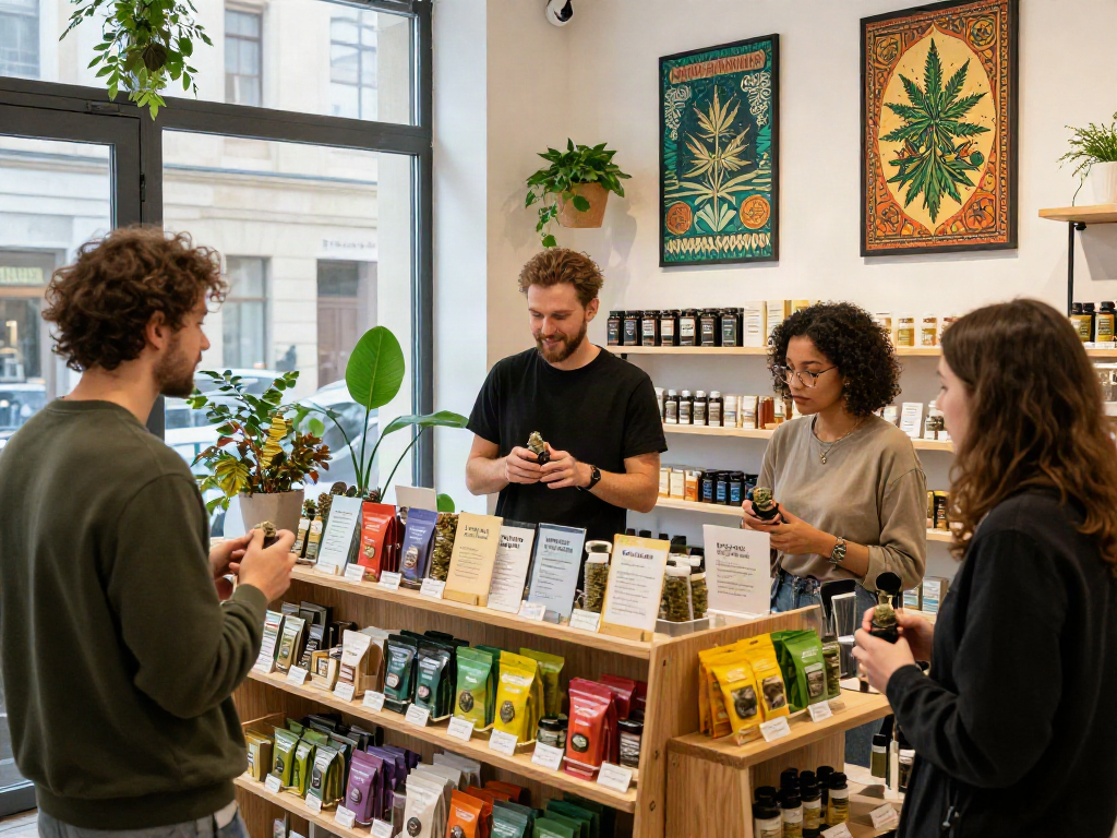 Warsaw Cannabis dispensary scene with diverse customers exploring products