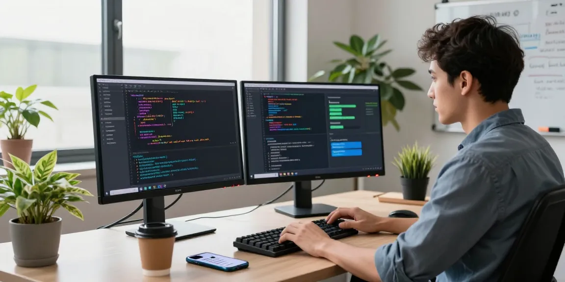 Developer using OpenClaw personal AI assistant in a modern workspace with dual monitors and vibrant coding.