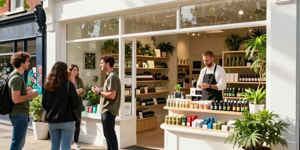 Welcoming scene at a vibrant weed shop in the UK, showcasing cannabis products and diverse customers interacting.