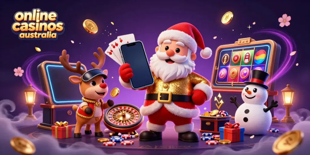 Experience excitement at online casinos Australia with Santa and his friends celebrating jackpots.
