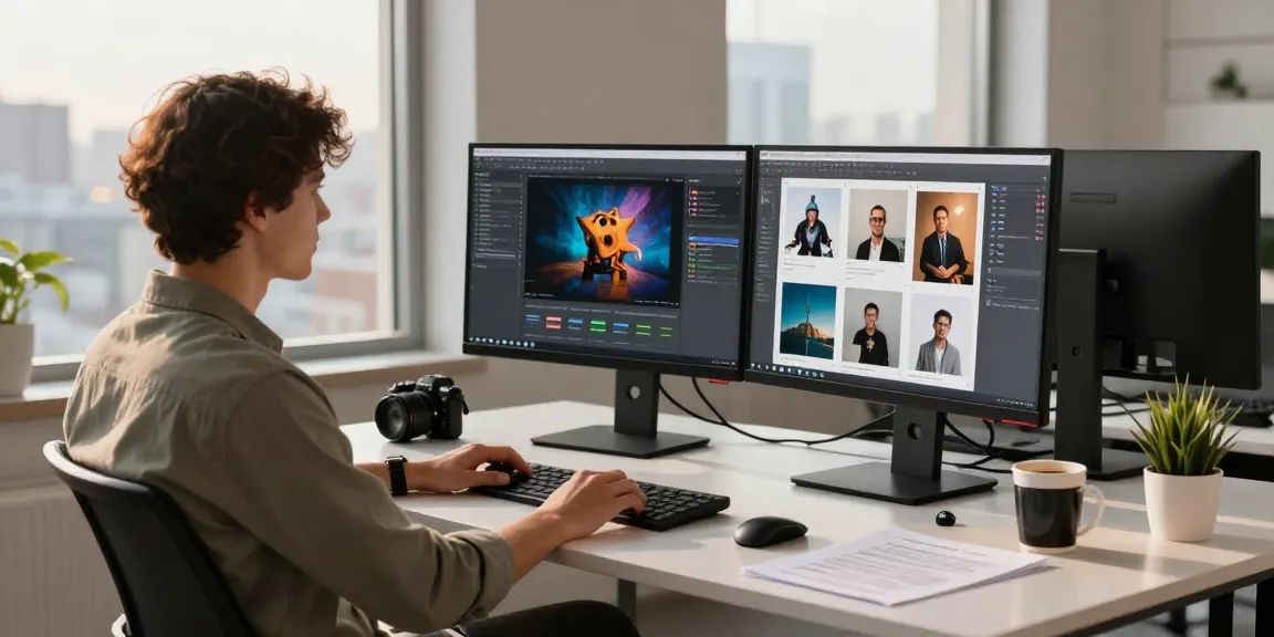 Free AI image detector interface on a modern workstation with dual monitors showing analysis results in a tech-savvy environment.