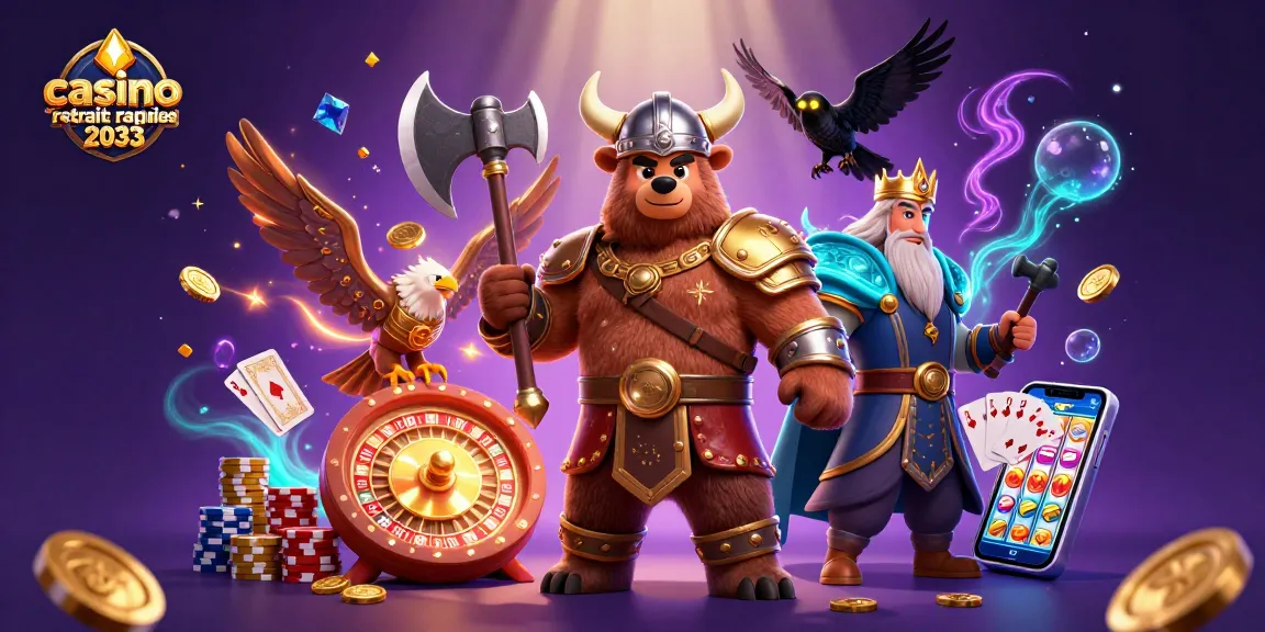Profitez de l'illustration de casino en ligne retrait rapide 2033 avec des personnages de jeux dynamiques et des pièces d'or.