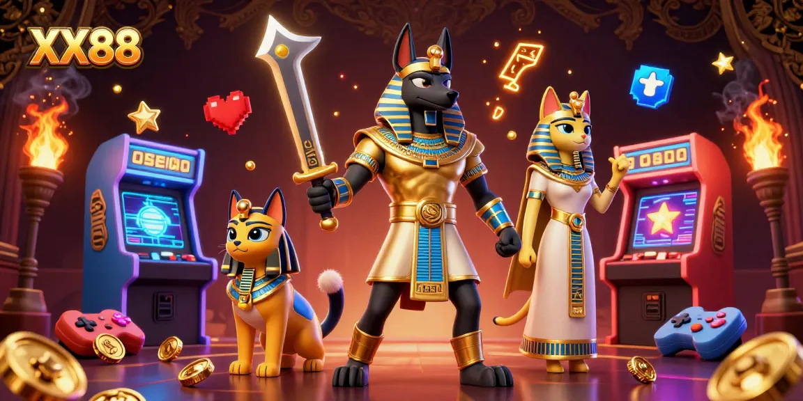 Engage with new games at XX88, featuring Anubis and Bastet in a vibrant casino scene.