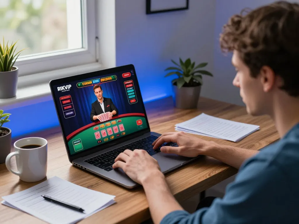 Player engaging in online gambling at https://rikvip75.com/ showcasing live dealer actions in a cozy home setting.