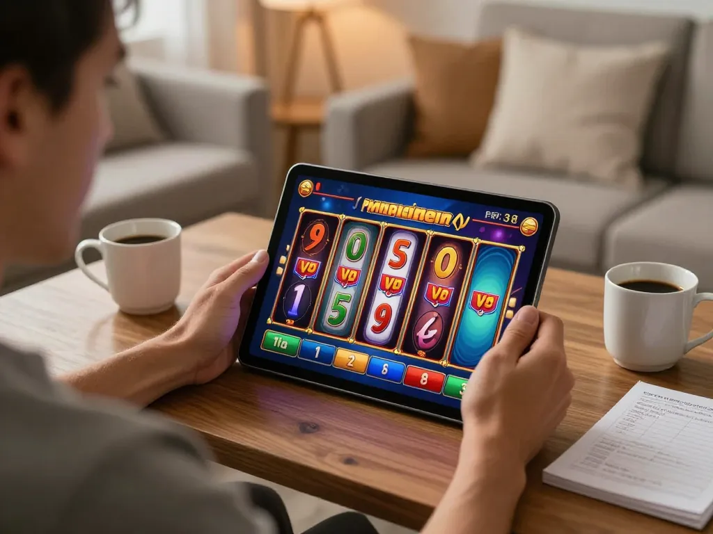 Engaging with exciting slot online game on tablet in cozy home setting.