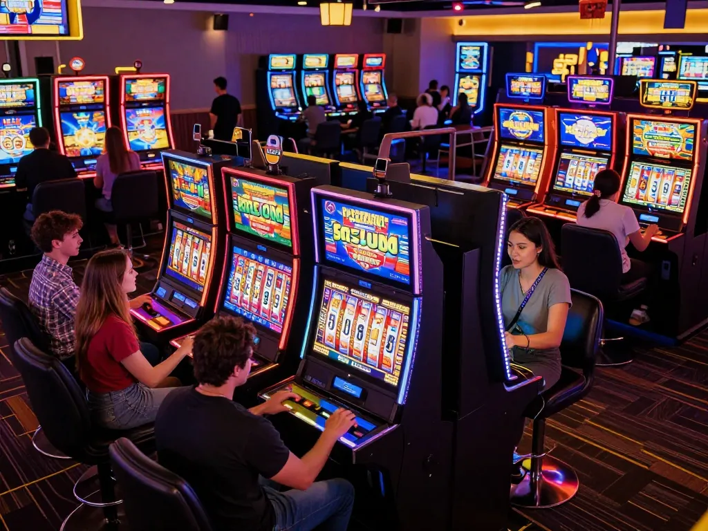 situs slot gaming action with colorful displays and players engaged in thrilling spins