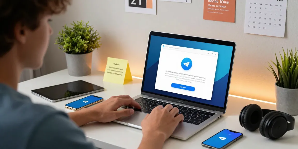 Downloading Telegram on a laptop in a modern workspace with tech gadgets and motivational quotes.