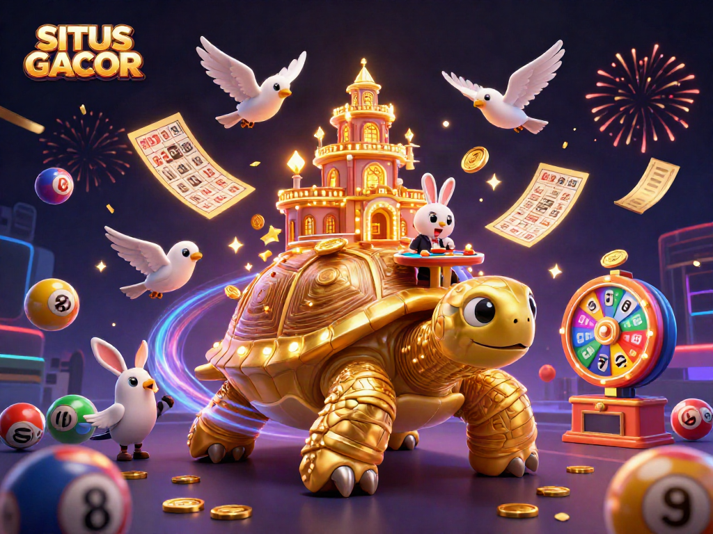 SITUS GACOR showcases a vibrant casino scene with a golden tortoise, a rabbit dealer, and dynamic game elements.