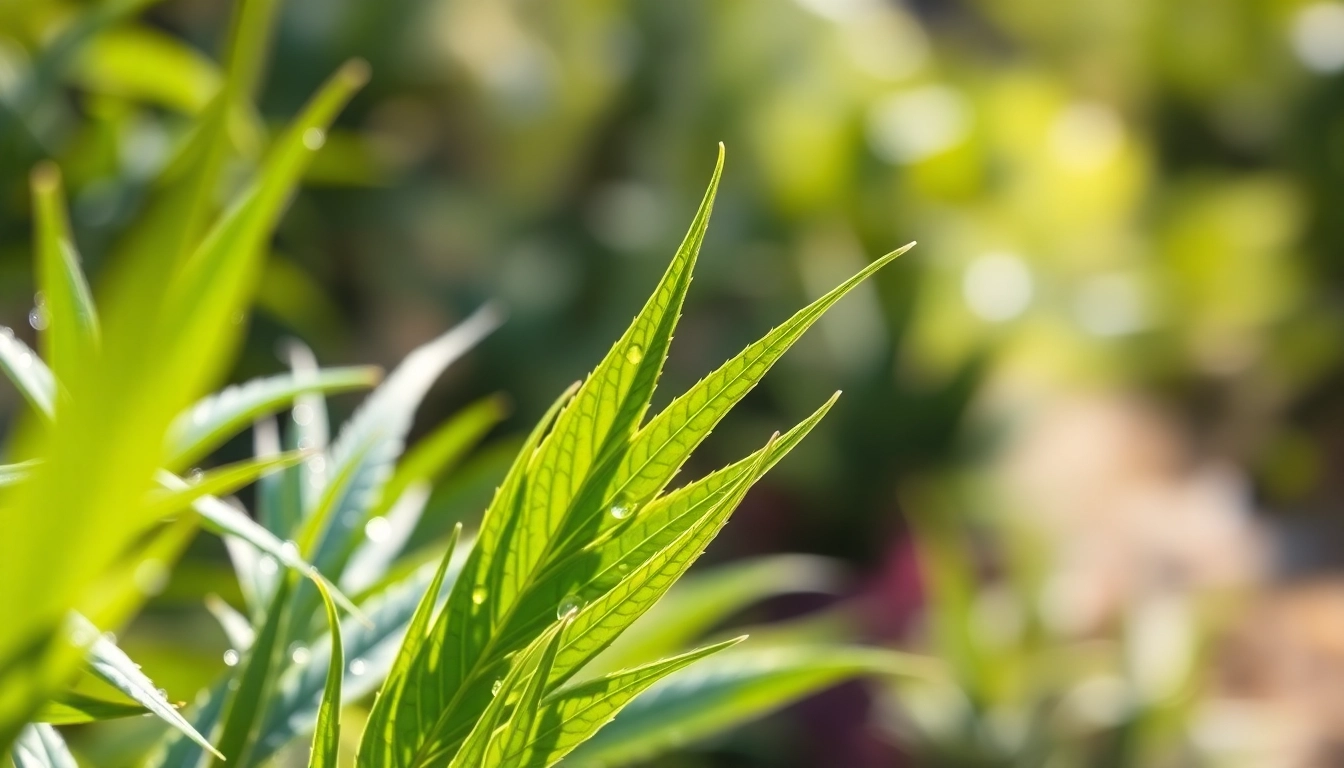 Showcasing CBD-rich hemp leaves glistening with dew in a serene garden environment.