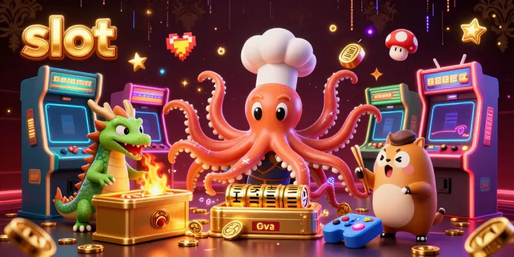 Slot jackpot reels dikelilingi elemen permainan arcade dan karakter kartun di lingkungan kasino animasi.