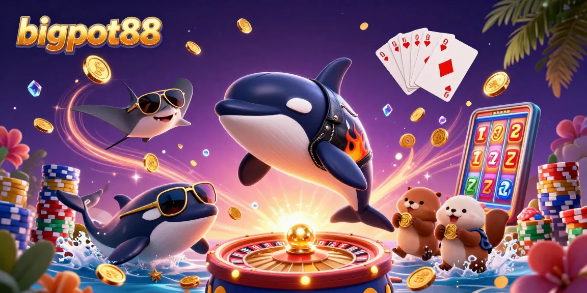 Experience seamless gaming with bigpot88 as vibrant characters engage amidst cascading coins and exciting casino elements.