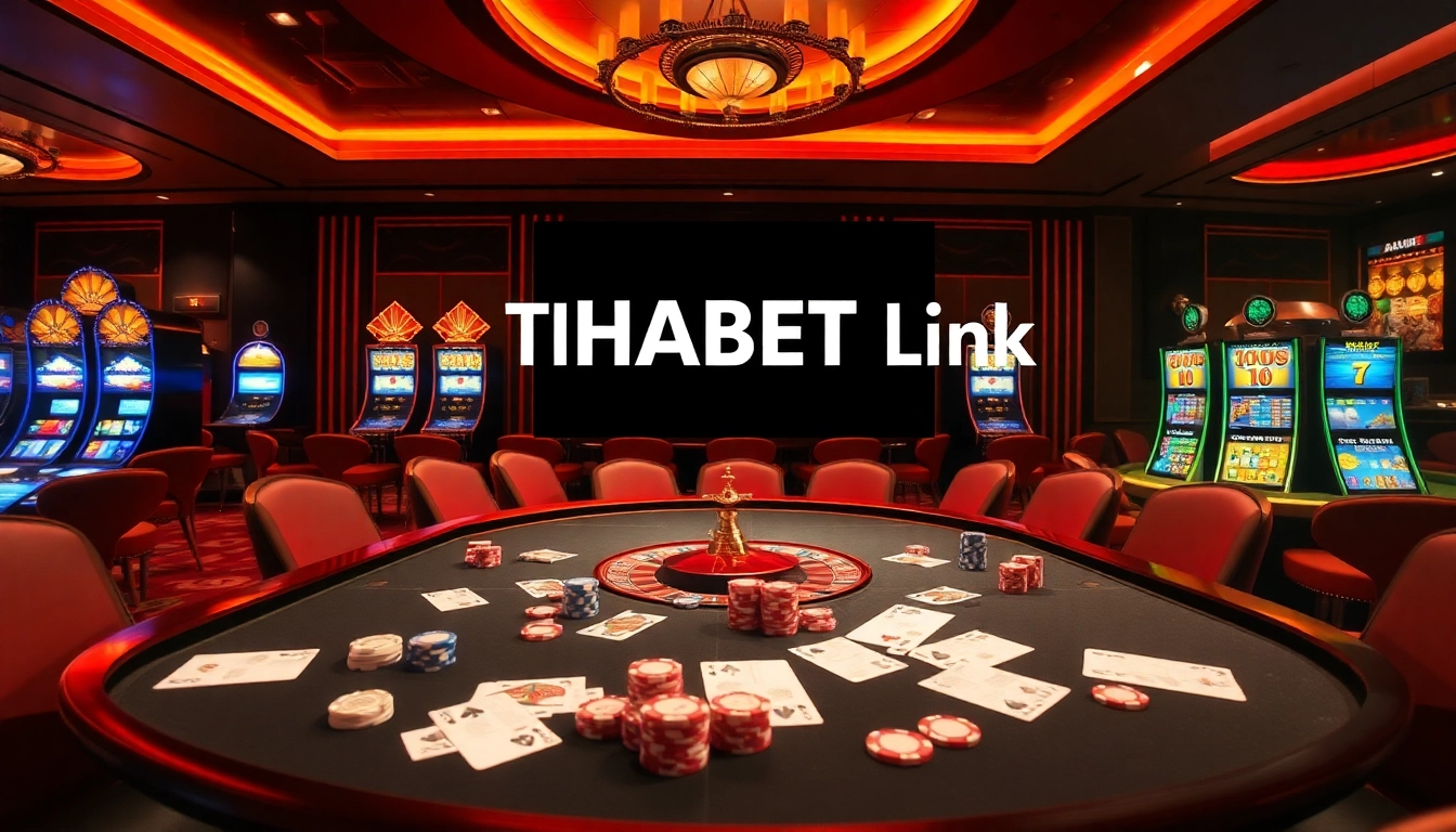 A captivating casino scene featuring THABET Link, with poker chips, roulette wheel, and vibrant slot machines.