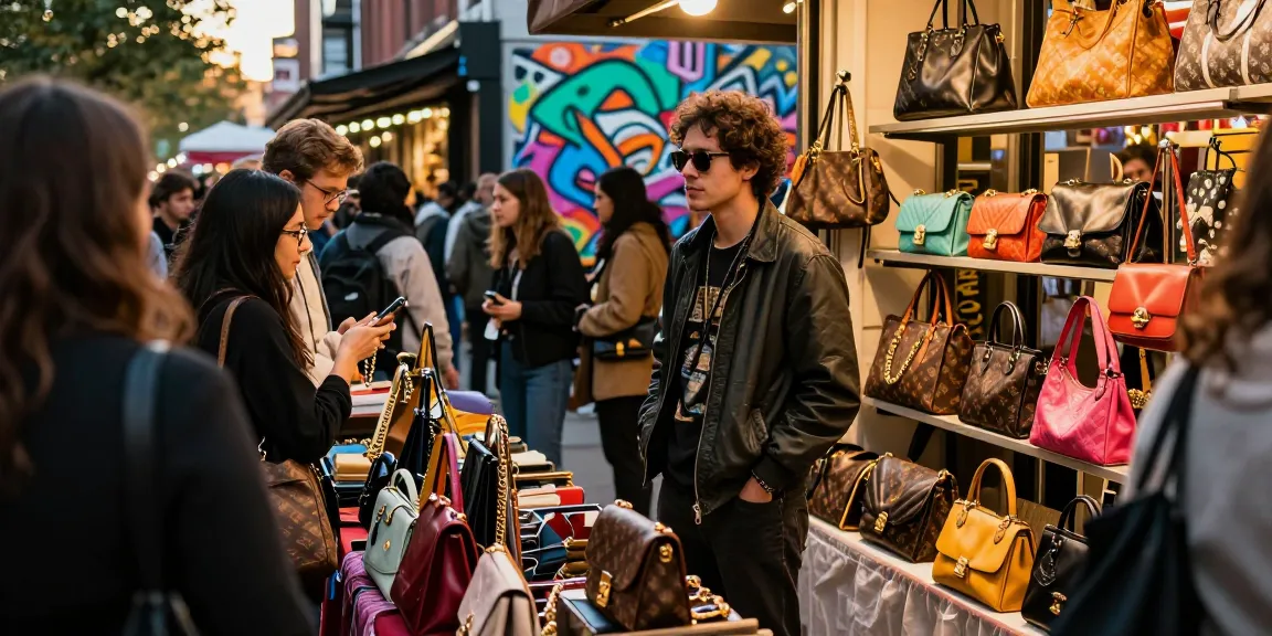 Stylish shopper showcasing high-quality 레플리카 bags in a vibrant urban marketplace.