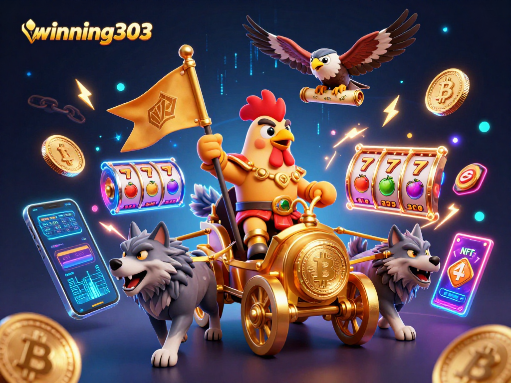 Experience winning303 with an illustrated rooster warlord leading a dynamic casino scene full of excitement.