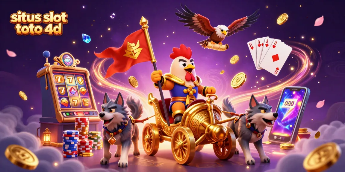 Engage with situs slot toto 4d featuring a lively illustration of a rooster warlord commanding a chariot amidst dazzling slot elements.